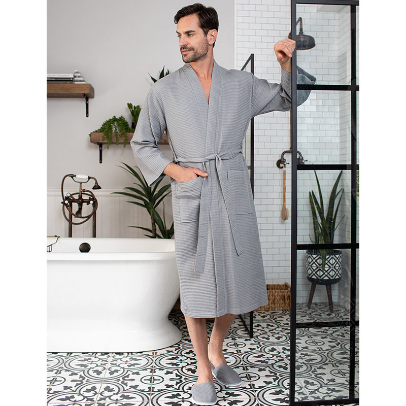 Light Grey Waffle Linen Bathrobe with Contrast Details, Linen 2024 Spa Robe, Luxury Bathrobe, Classic Sauna Robe, Kimono Bathrobe, Unisex bw3